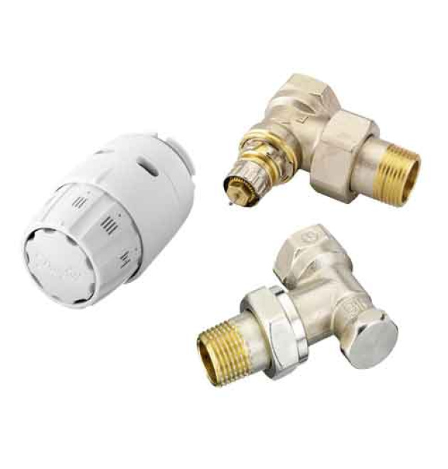 RA-N+RAS-C2+RLV-S комплект радиаторный с термоголовкой 3 в 1 для бокового подключения угловой с преднастройкой Danfoss