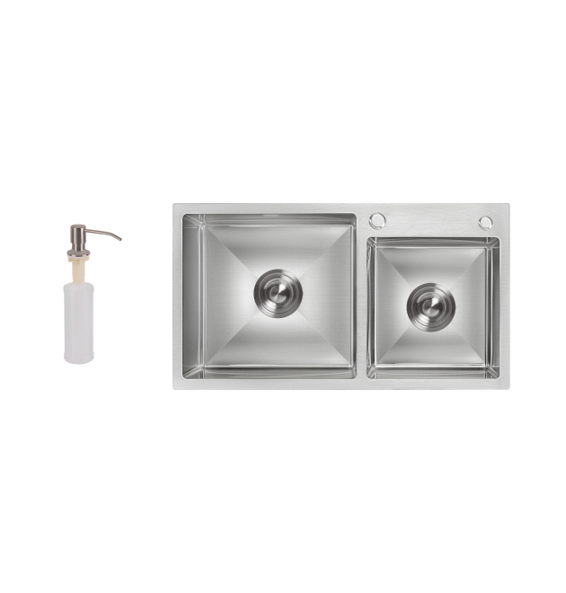 Мийка кухонна інтегрована з двома чашами Lidz Handmade H7843 Brushed Steel 3,0/1,0 мм фото - 1