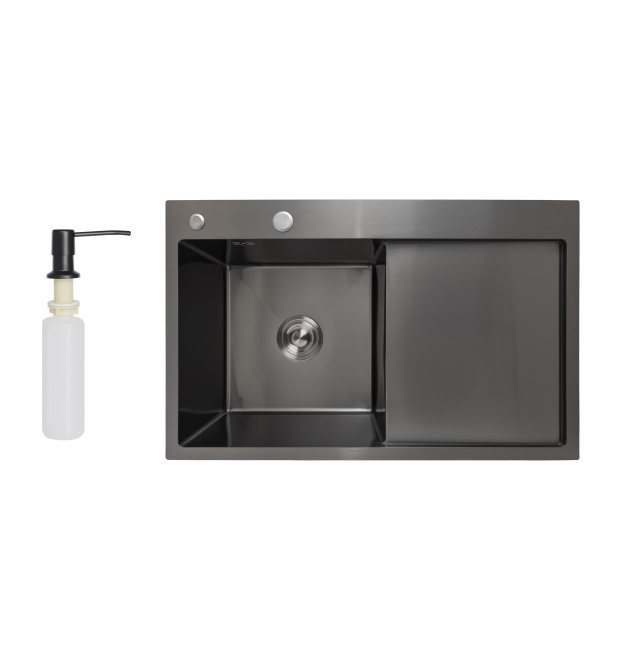 Інтегрована кухонна мийка чорна PVD з крилом праворуч Lidz Handmade H7849BR Brushed Black 3,0/1,0 мм фото - 1