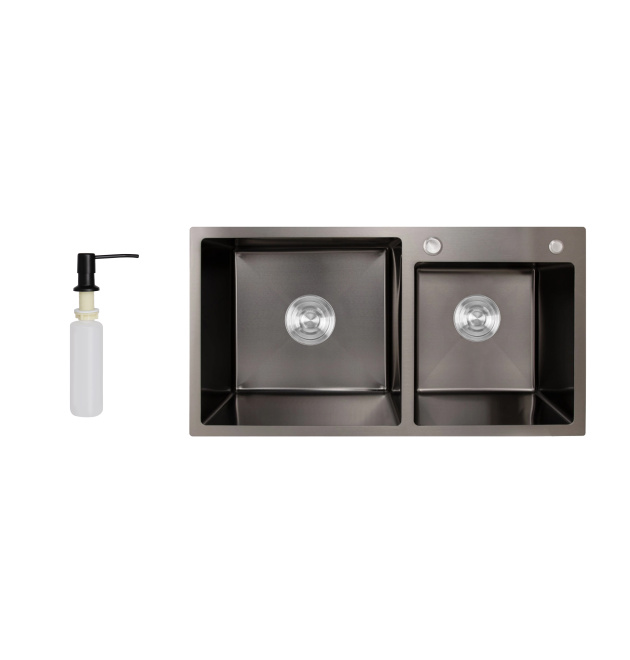 Інтегрована кухонна мийка чорна PVD з двома чашами Lidz Handmade H7843 Brushed Black 3,0/1,0 мм фото - 1