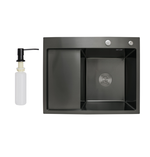 Інтегрована кухонна мийка чорна PVD з крилом ліворуч Lidz Handmade H6350BL Brushed Black 3,0/1,0 мм фото - 1