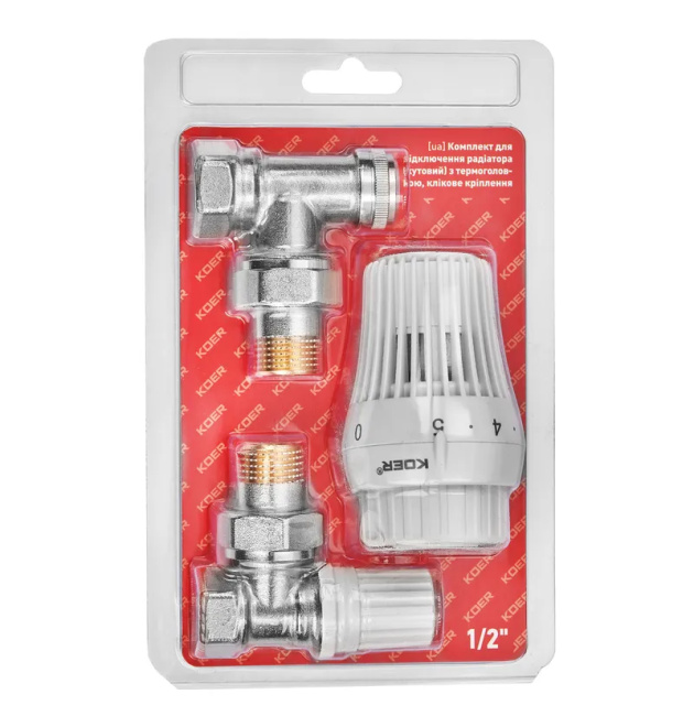Комплект для подключения радиатора Koer SET-23 - 1/2'' угловой с термоголовкой, кликовый крепеж (KR5284) фото - 1