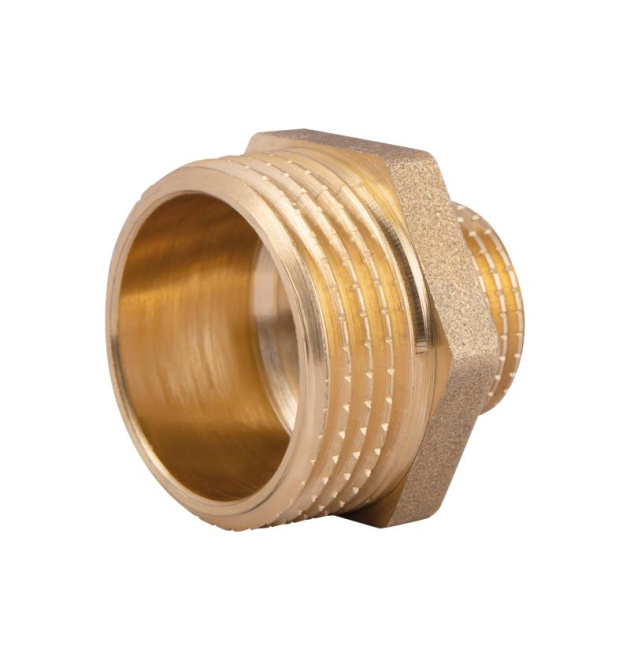 З'єднання різьбове - ніпель латунний редукційний 1″ х 1/2″ (жовт) SD4082515 SD Plus фото - 1