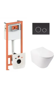 Готовое решение Qtap для ванной комнаты: подвесной унитаз  Swan Ultra Quiet 485x360x320 + комплект инсталляции Nest 4в1 (круглая клавиша Matt Black)