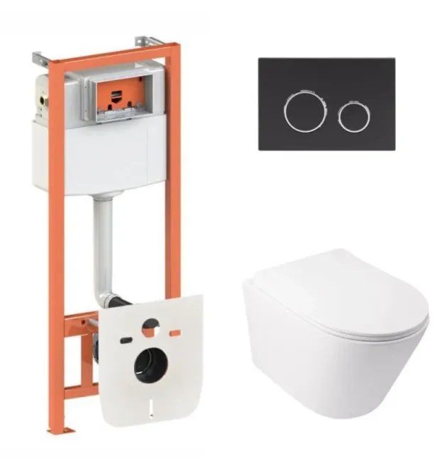 Готовое решение Qtap для ванной комнаты: подвесной унитаз  Swan Ultra Quiet 485x360x320 + комплект инсталляции Nest 4в1 (круглая клавиша Matt Black) фото - 1