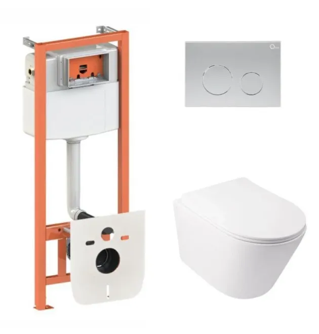 Готовое решение Qtap для ванной комнаты: подвесной унитаз  Swan Ultra Quiet 485x360x320 + комплект инсталляции Nest 4 в 1 (круглая клавиша Satin) фото - 1