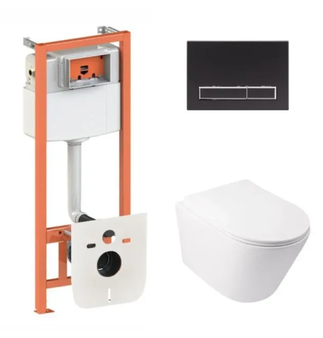 Готовое решение Qtap для ванной комнаты: подвесной унитаз  Swan Ultra Quiet 485x360x320 + комплект инсталляции Nest 4в1 (линейная клавиша Matt Black) фото - 1