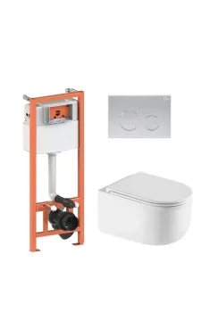 Готове рішення Qtap для ванної кімнати: підвісний унітаз Taurus Ultra Quiet 485×360×350 + комплект інсталяції Nest 4 в 1 (кругла клавіша Satin)