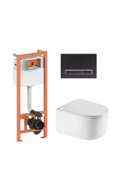 Готове рішення Qtap для ванної кімнати: підвісний унітаз Taurus Ultra Quiet 485×360×350 + комплект інсталяції Nest 4 в 1 (лінійна клавіша Matt Black)