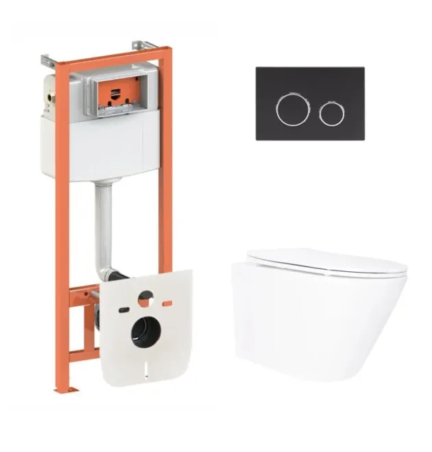 Готовое решение Qtap для ванной комнаты: подвесной унитаз Swan Ultra Quiet 520×360×320 + комплект инсталляции Nest 4в1 (круглая клавиша Matt Black) фото - 1