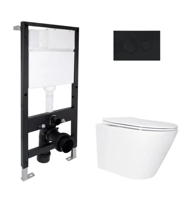 Готовое решение Qtap для ванной комнаты: подвесной унитаз Swan Ultra Quiet 485x360x320 + комплект инсталляции Standard (круглая кнопка Black) фото - 1