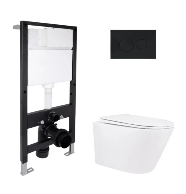 Готове рішення Qtap для ванної кімнати: підвісний унітаз Swan Rimless 520x360x320 + комплект інсталяції Standard (кругла клавіша Black) фото - 1