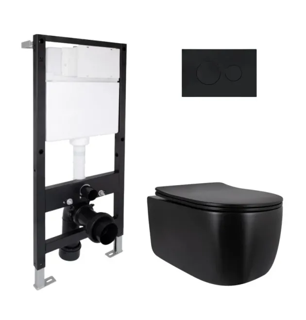 Готовое решение Qtap для ванной комнаты: подвесной унитаз Taurus Ultra Quiet 515x360x350 + комплект инсталляции Standard (круглая кнопка Black) фото - 1