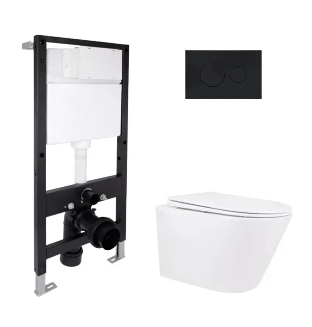 Комплект инсталляции с подвесным унитазом Qtap Swan Rimless 520×360×320, круглая кнопка Black