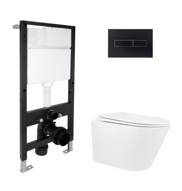 Комплект инсталляции с подвесным унитазом Qtap Swan Rimless 520×360×320, линейная кнопка Black