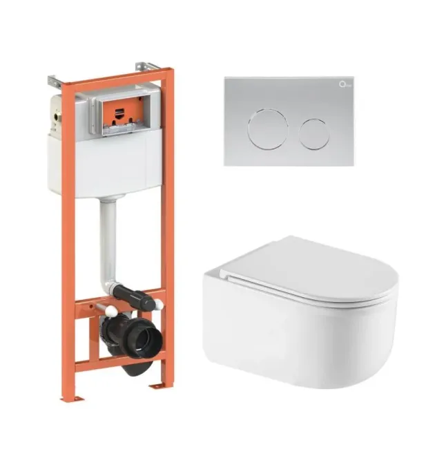 Комплект інсталяції з підвісним унітазом Qtap Taurus Ultra Quiet 485×360×350, Nest 4 в 1, кругла клавіша Satin