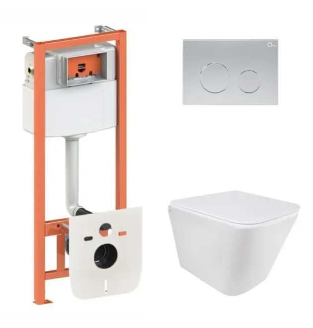 Комплект инсталляции с подвесным унитазом Qtap Tern Ultra Quiet 490×365×325, серия Nest, 4 в 1, круглая клавиша Satin
