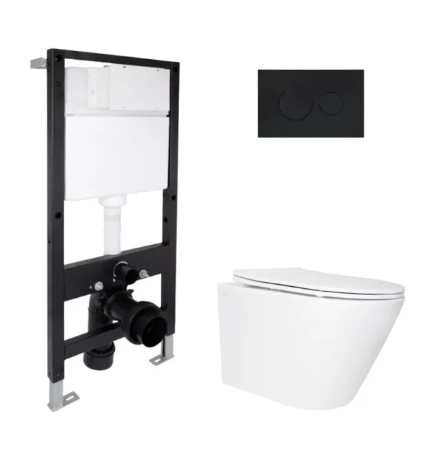 Комплект інсталяції Qtap Standard з підвісним унітазом Swan Ultra Quiet 520×360×320, кругла клавіша Black