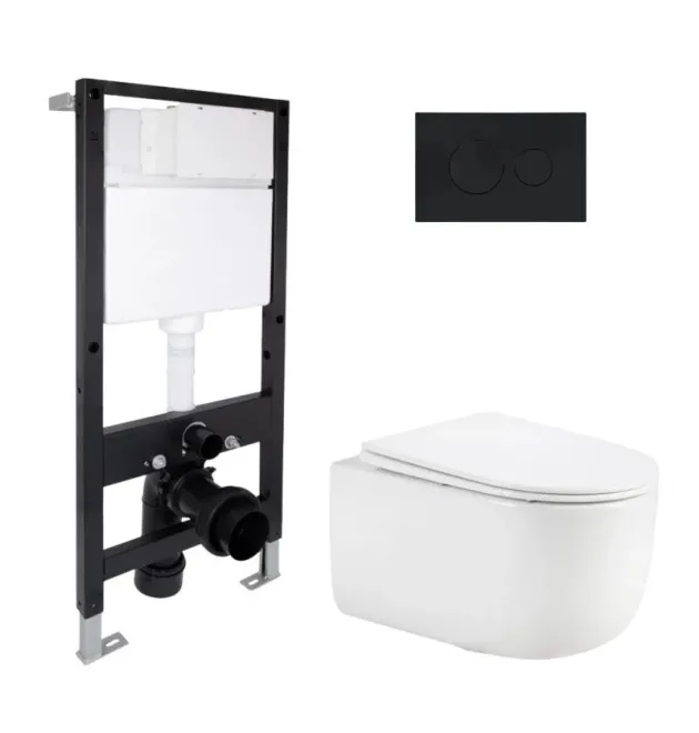 Комплект инсталляции Qtap Standard с подвесным унитазом Taurus Ultra Quiet 515×360×350, круглая клавиша Black