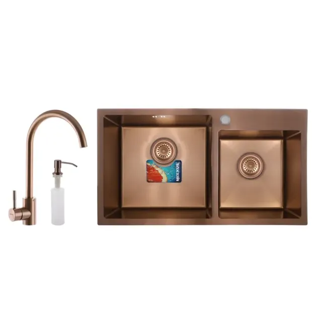 Комплект: мийка, змішувач, диспенсер MIXXUS SET-7843D-220x1.0-PVD-BRONZE (Колір бронза) (MX0586) фото - 1
