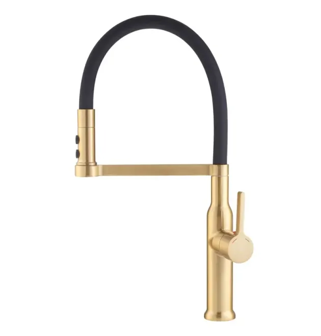 Смеситель для кухни MIXXUS PREMIUM PULL 017 BRUSHED GOLD REFL.BLACK с гибким силиконовым изливом, матовое золото и чёрный
