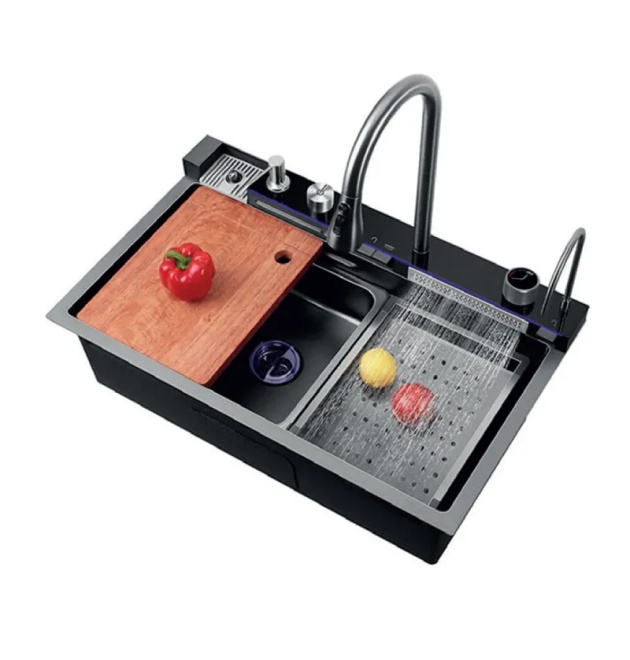 Мийка Workstation ZERIX ZH7546-SET-02 DECOR NANO-BLACK з вбудованим змішувачем