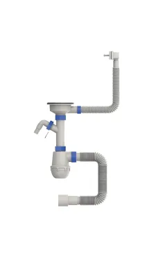 Сифон для кухонної мийки MIXXUS 3 1/2″x40 з пластиковою білою сіткою, відводом для пральної машини та гнучким прямокутним переливом