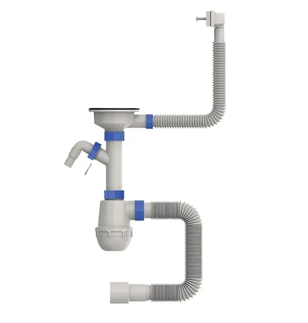 Сифон для кухонної мийки MIXXUS 3 1/2″x40 з пластиковою білою сіткою, відводом для пральної машини та гнучким прямокутним