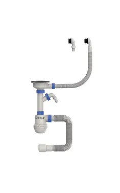 Сифон для кухонної мийки MIXXUS 3 1/2″x40 з пластиковою чорною сіткою, відводом для пральної машини та гнучким круглим переливом