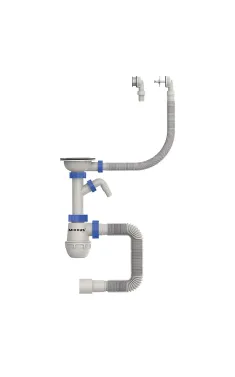 Сифон для кухонної мийки MIXXUS 3 1/2″x40 з нержавіючою сіткою, відводом для пральної машини та гнучким круглим переливом