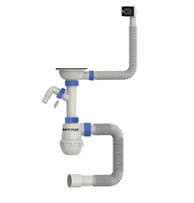 Сифон для кухонної мийки MIXXUS 3 1/2″x40 з нержавіючою сіткою, відводом для пральної машини та гнучким прямокутним переливом
