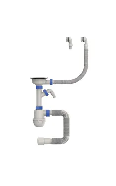 Сифон для кухонної мийки MIXXUS 3 1/2″x40 з пластиковою білою сіткою, відводом для пральної машини та гнучким круглим переливом