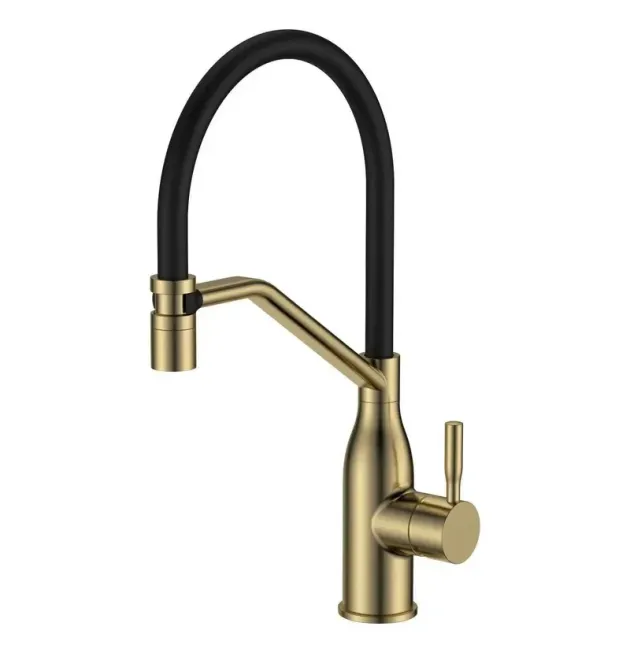 Змішувач для кухні MIXXUS PREMIUM GRAVITY 017 NUT BRUSHED GOLD REFL.BLACK, матове золото, гнучкий чорний вилив
