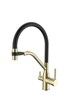 Смеситель для кухни MIXXUS PREMIUM GRAVITY 021 с гибким изливом и выходом для питьевой воды, матовое золото, чёрный излив
