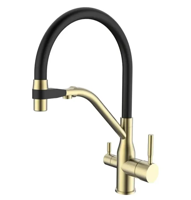 Змішувач для кухні MIXXUS PREMIUM GRAVITY 021 із гнучким виливом та виходом для питної води, матове золото, чорний вилив