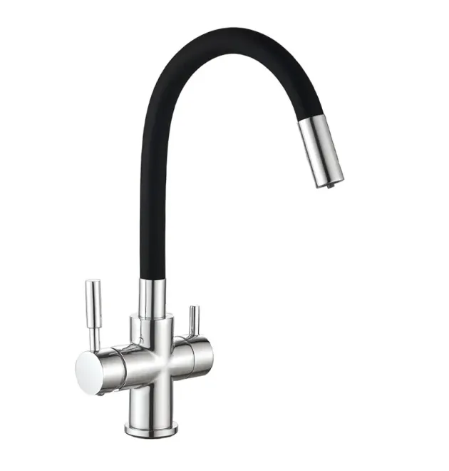 Змішувач для кухні MIXXUS PREMIUM HANS 021 із гнучким виливом та виходом для питної води, хром, чорний вилив
