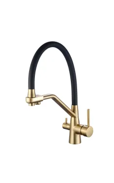 Змішувач для кухні MIXXUS PREMIUM SENNA 021 BRUSHED GOLD REFL.BLACK, матове золото, гнучкий чорний вилив, вихід для питної води