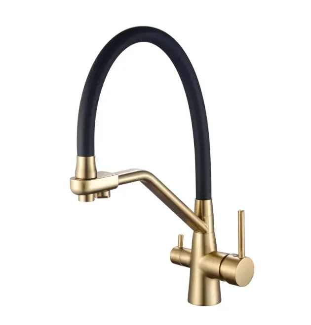 Змішувач для кухні MIXXUS PREMIUM SENNA 021 BRUSHED GOLD REFL.BLACK, матове золото, гнучкий чорний вилив, вихід для питної