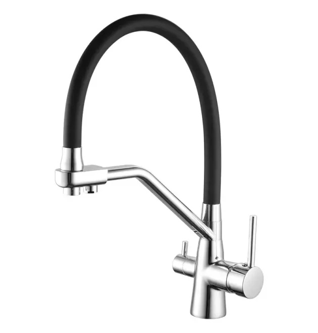 Смеситель для кухни MIXXUS PREMIUM SENNA 021 с гибким изливом и выходом для питьевой воды, хром-чёрный