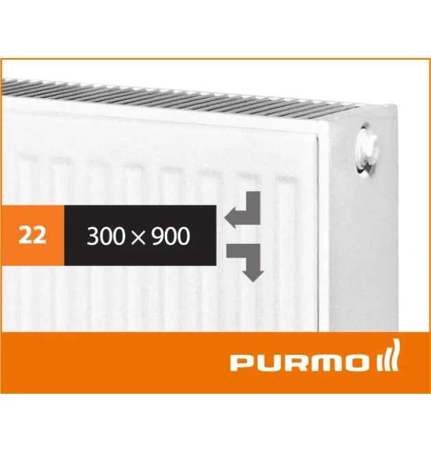 Радиатор стальной 22 тип  PURMO Compact 300Hх900L боковое подключение 1069 Вт фото - 1